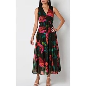 NWT Robbie Bee Black Red Floral Tiered V-Neck Maxi Dress 12P